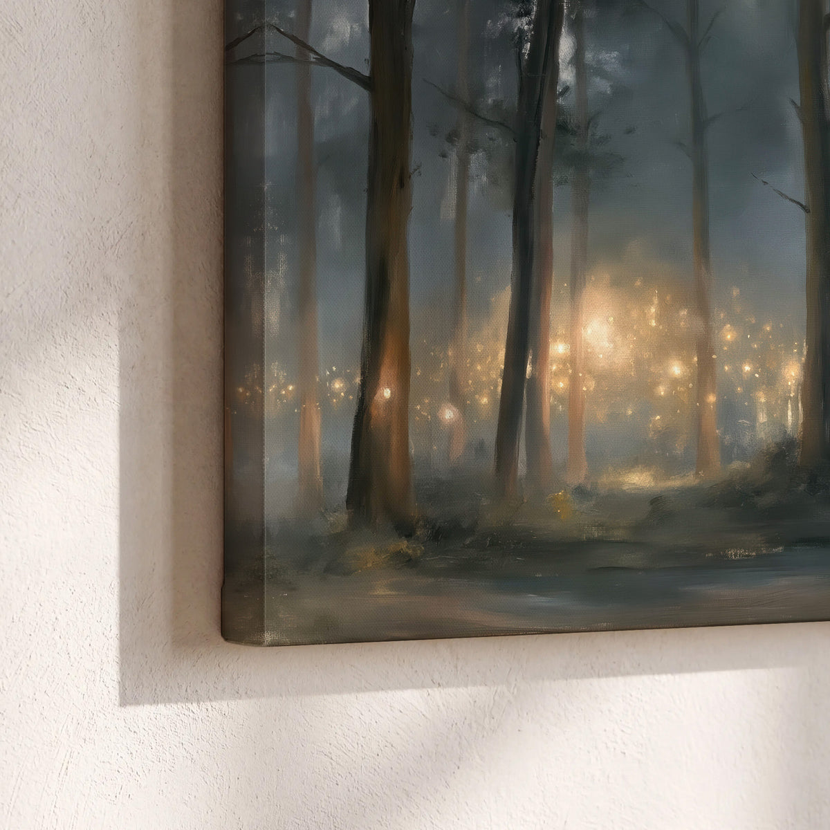 Soft warm light filtering through tall trees in a cool mist-covered forest 3 piece canvas wall art material and edge close up