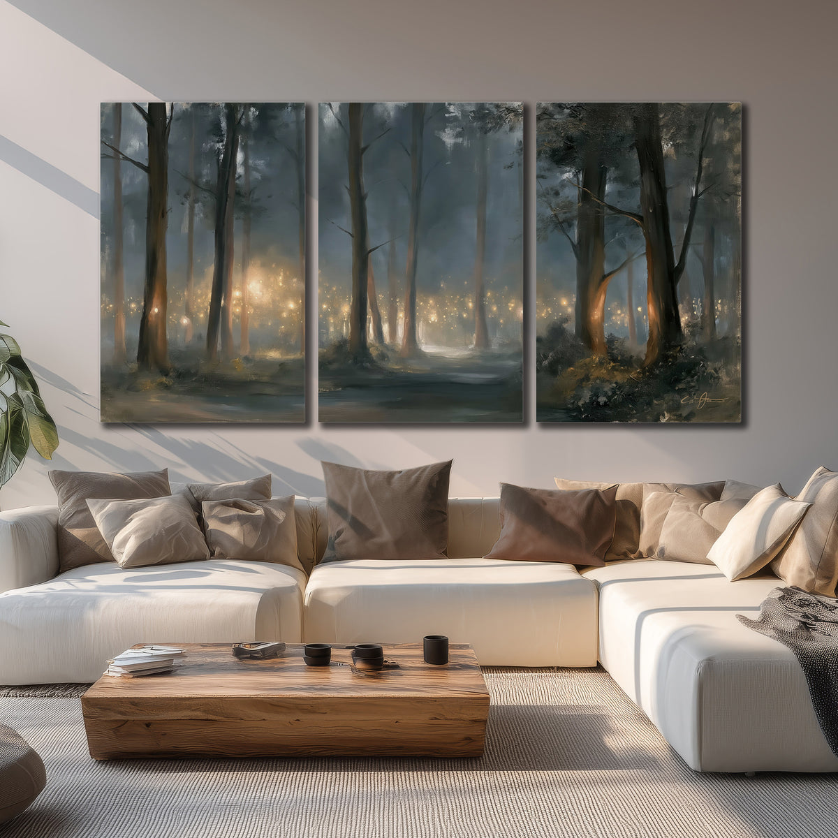 Soft warm light filtering through tall trees in a cool mist-covered forest 3 piece canvas wall art displayed in a living room