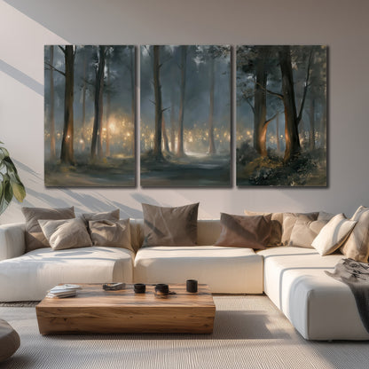 Soft warm light filtering through tall trees in a cool mist-covered forest 3 piece canvas wall art displayed in a living room
