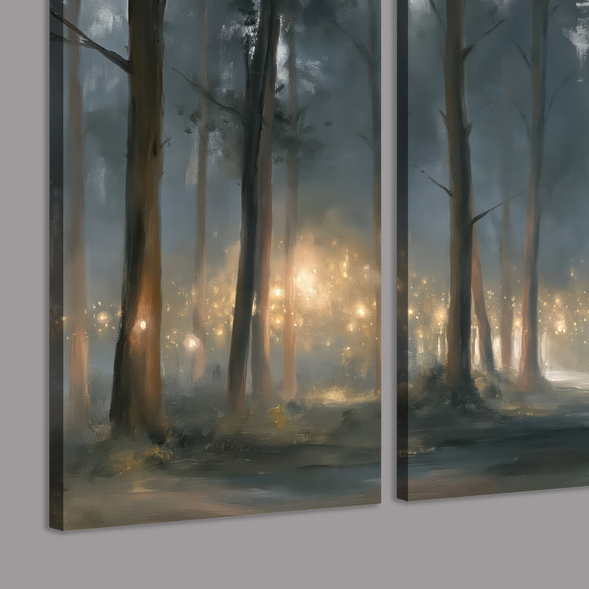Soft warm light filtering through tall trees in a cool mist-covered forest 3 piece canvas wall art room and product view