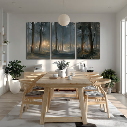 Soft warm light filtering through tall trees in a cool mist-covered forest 3 piece canvas wall art room and product view