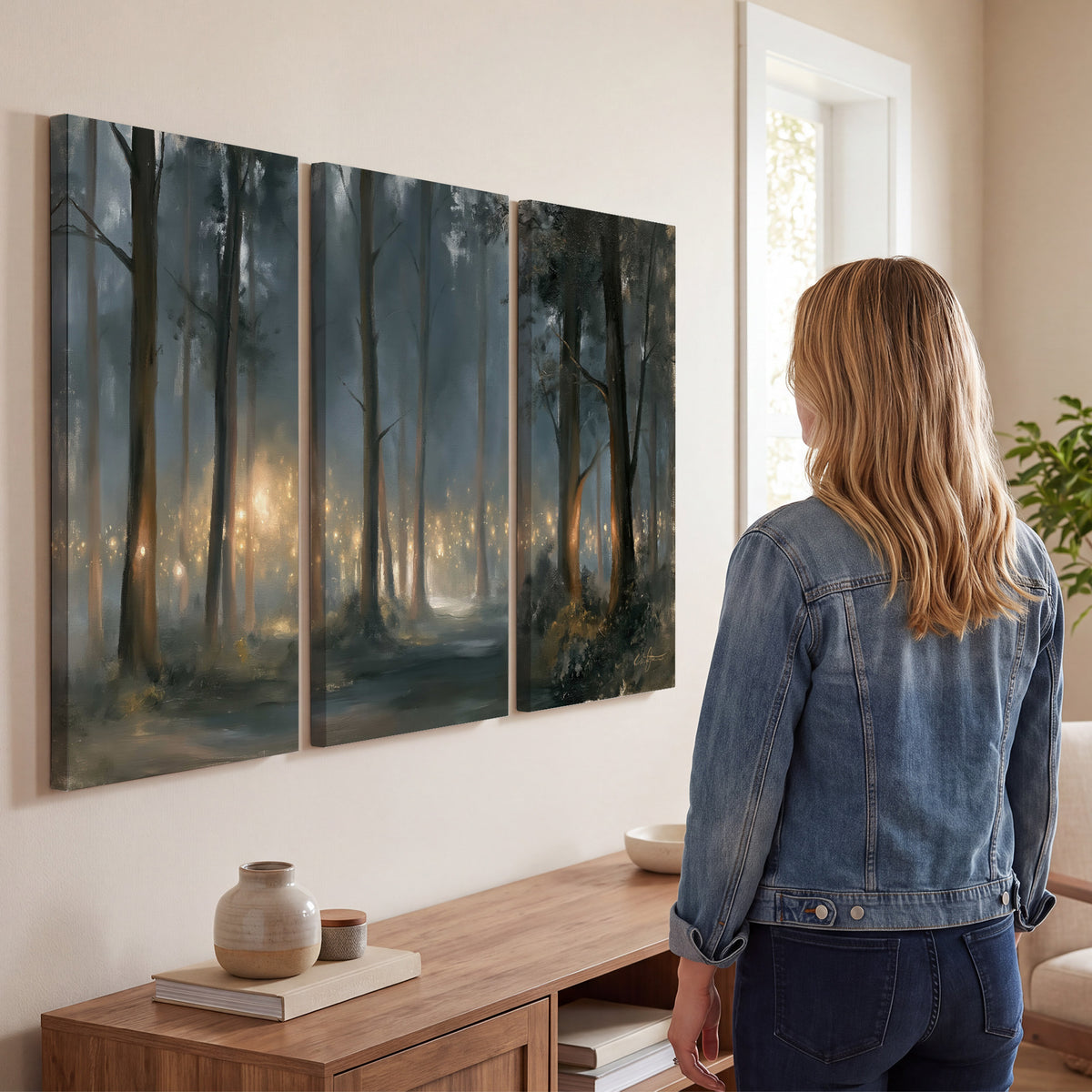 Soft warm light filtering through tall trees in a cool mist-covered forest 3 piece canvas wall art three panel arrangement on a wall