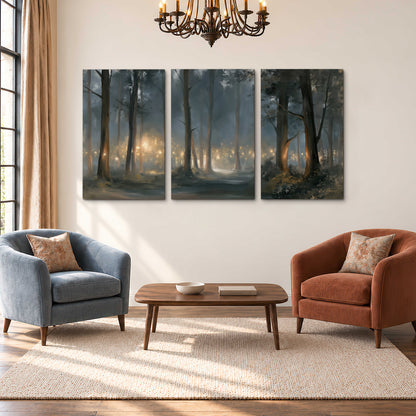 Soft warm light filtering through tall trees in a cool mist-covered forest 3 piece canvas wall art styled in an interior