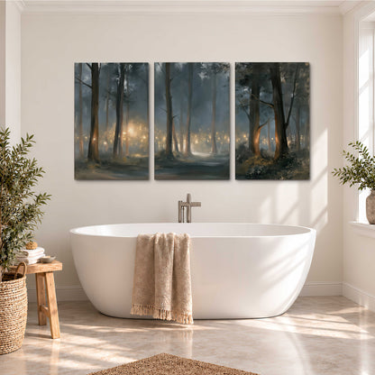 Soft warm light filtering through tall trees in a cool mist-covered forest 3 piece canvas wall art styled in an interior