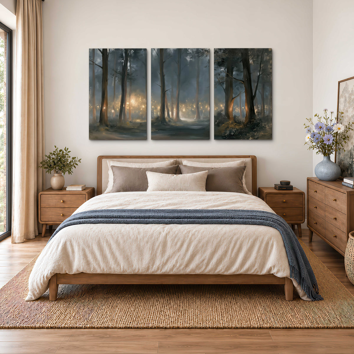 Soft warm light filtering through tall trees in a cool mist-covered forest 3 piece canvas wall art styled in an interior