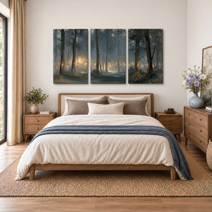 Soft warm light filtering through tall trees in a cool mist-covered forest 3 piece canvas wall art styled in an interior