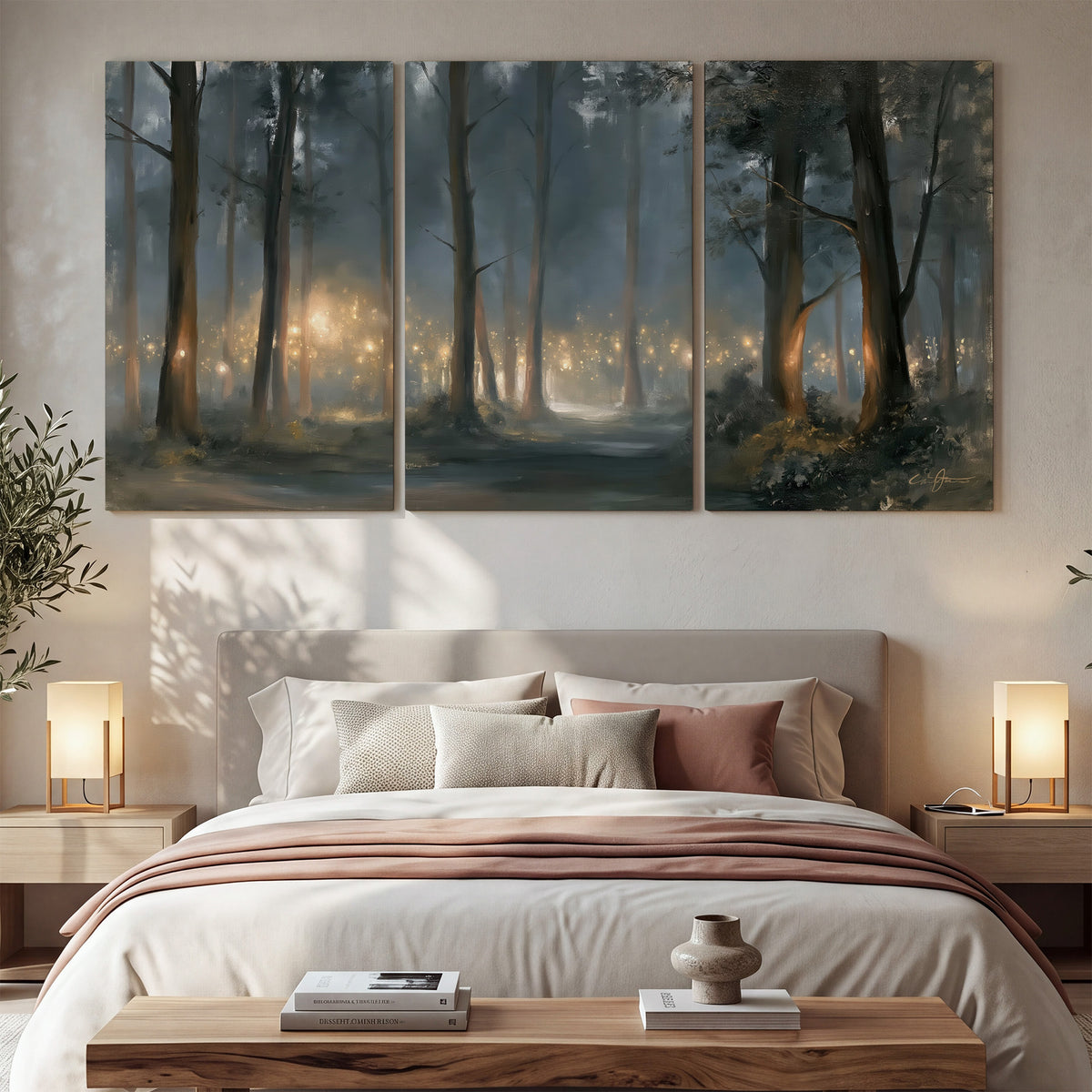 Soft warm light filtering through tall trees in a cool mist-covered forest 3 piece canvas wall art displayed in a bedroom