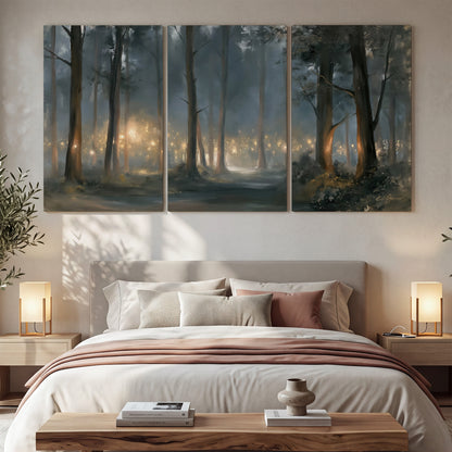 Soft warm light filtering through tall trees in a cool mist-covered forest 3 piece canvas wall art displayed in a bedroom