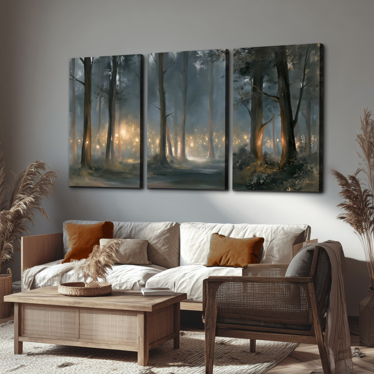 Soft warm light filtering through tall trees in a cool mist-covered forest 3 piece canvas wall art displayed in a rustic living room