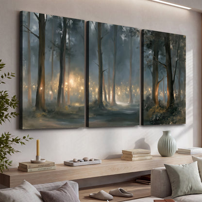 Soft warm light filtering through tall trees in a cool mist-covered forest 3 piece canvas wall art displayed in a console