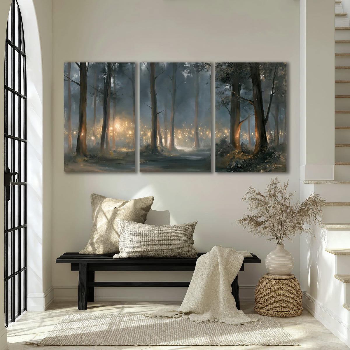 Soft warm light filtering through tall trees in a cool mist-covered forest 3 piece canvas wall art displayed in a entryway