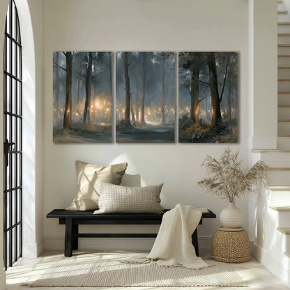Soft warm light filtering through tall trees in a cool mist-covered forest 3 piece canvas wall art displayed in a entryway