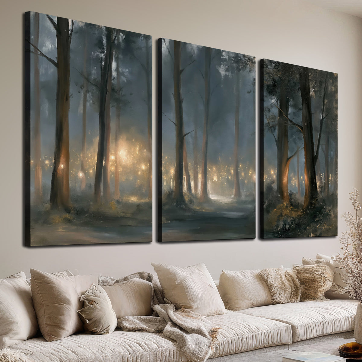 Soft warm light filtering through tall trees in a cool mist-covered forest 3 piece canvas wall art room and product view