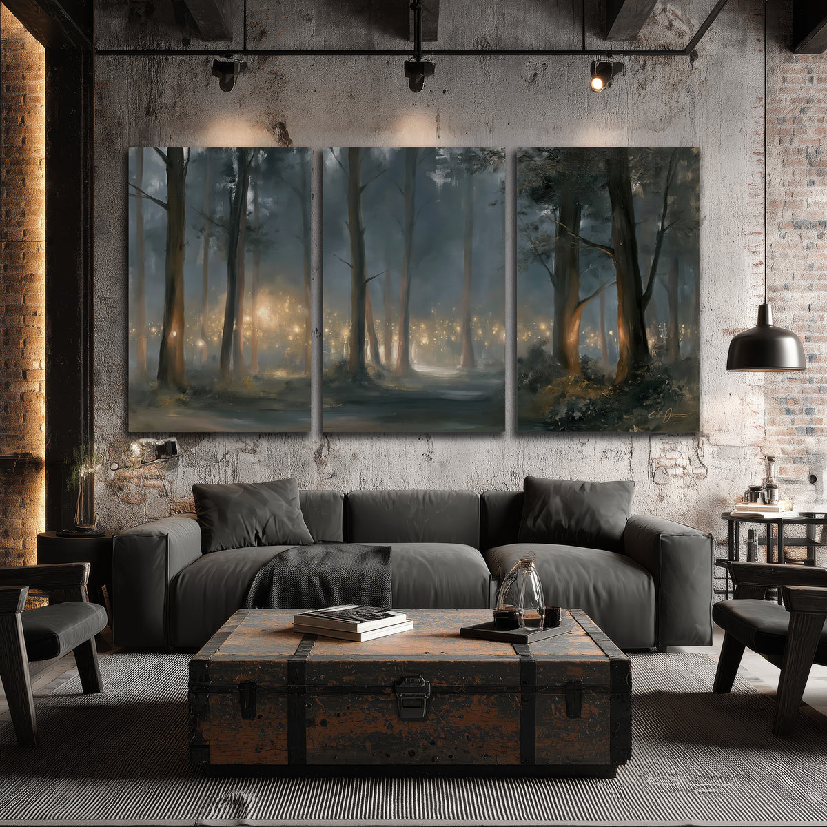 Soft warm light filtering through tall trees in a cool mist-covered forest 3 piece canvas wall art displayed in a industrial room