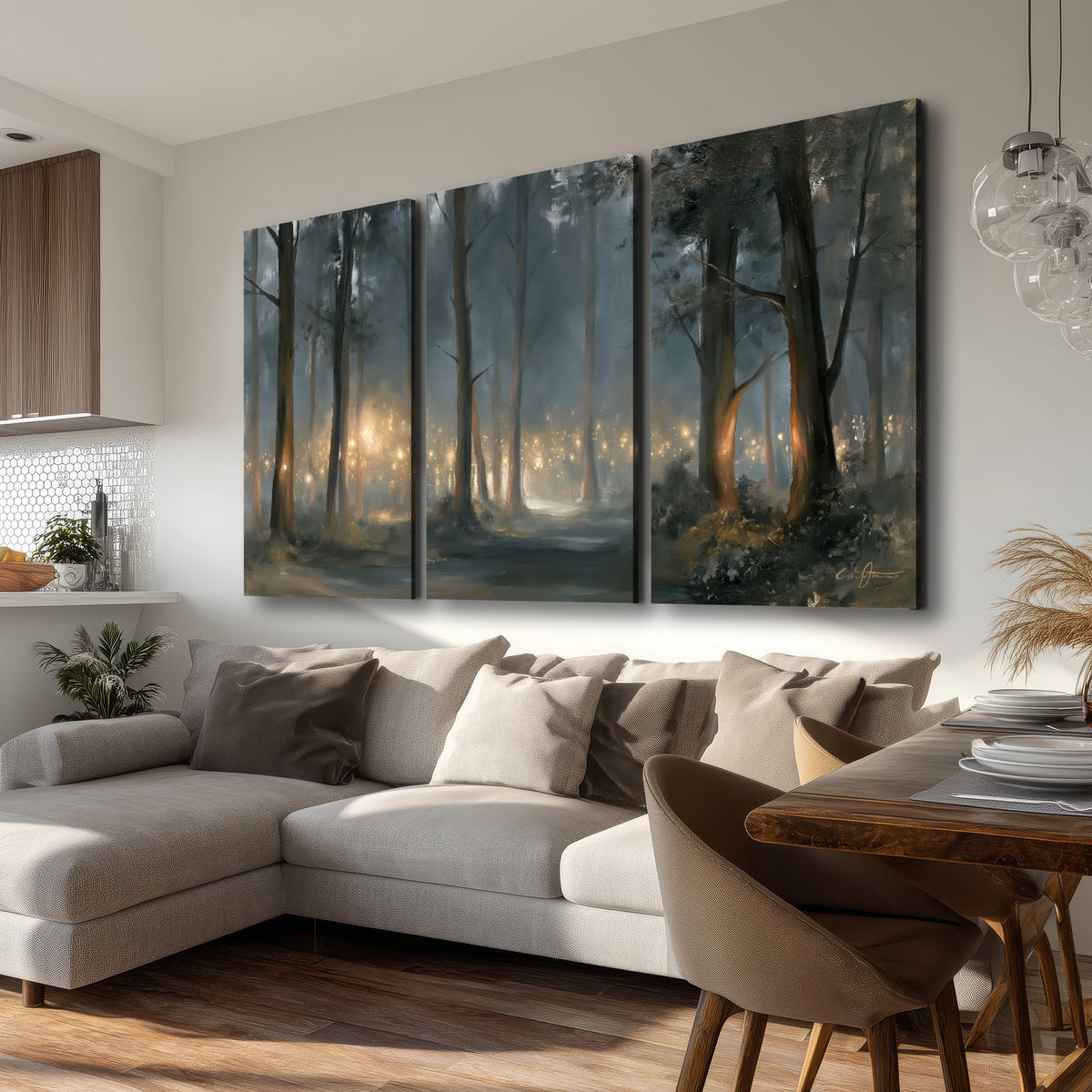 Soft warm light filtering through tall trees in a cool mist-covered forest 3 piece canvas wall art room and product view