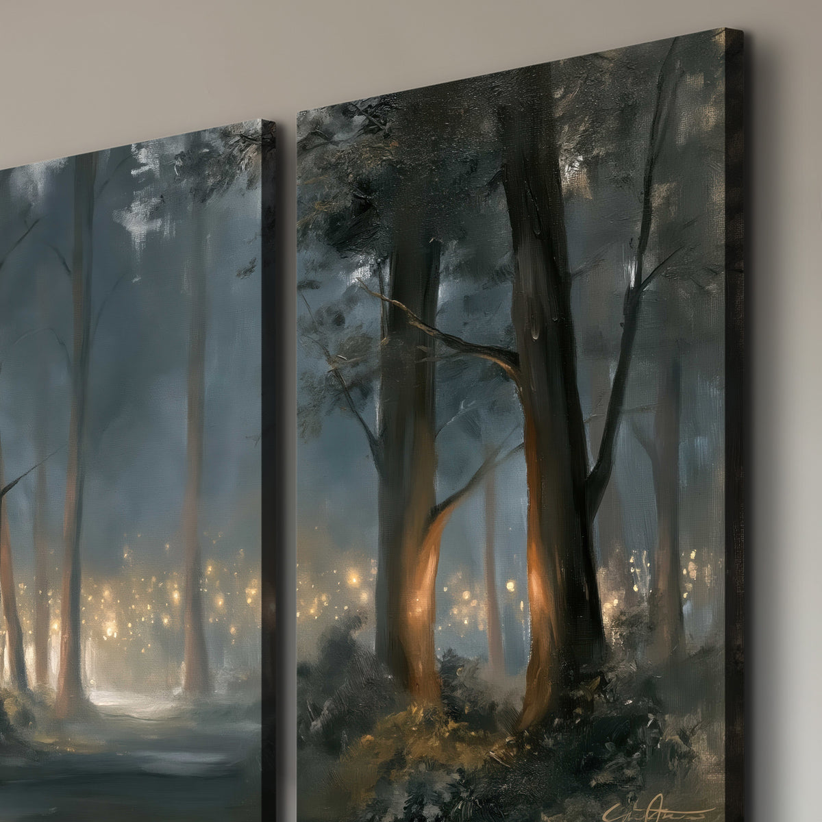Soft warm light filtering through tall trees in a cool mist-covered forest 3 piece canvas wall art room and product view