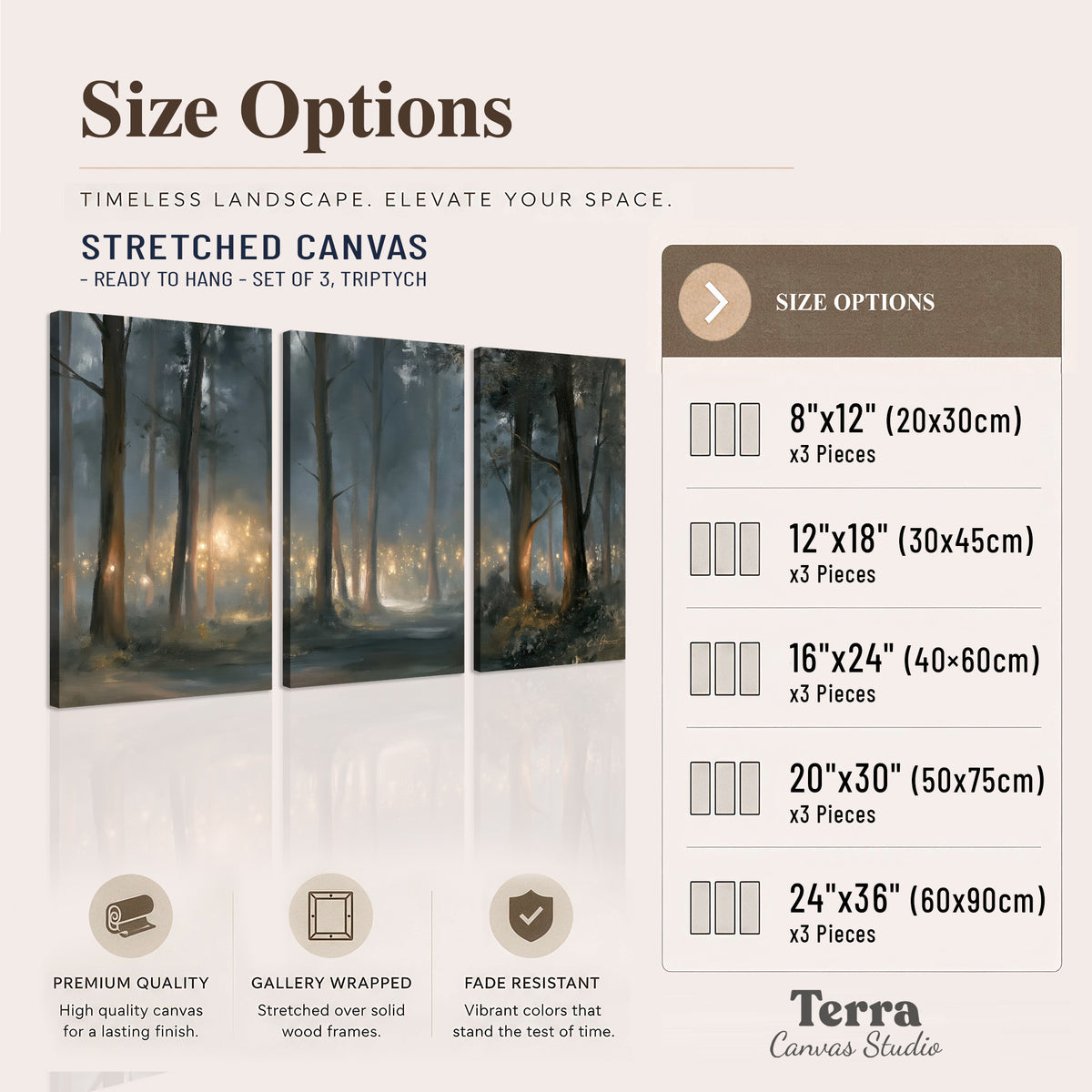 Soft warm light filtering through tall trees in a cool mist-covered forest 3 piece canvas wall art available dimensions; triptych dimensions are per panel