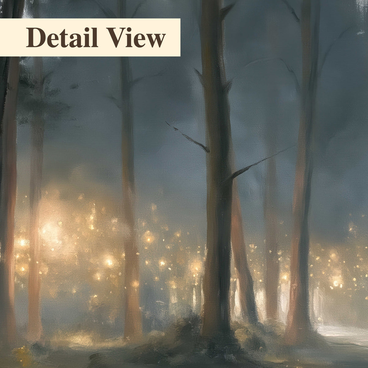 Soft warm light filtering through tall trees in a cool mist-covered forest 3 piece canvas wall art artwork detail close up