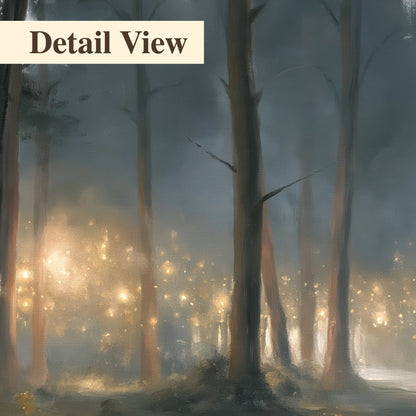 Soft warm light filtering through tall trees in a cool mist-covered forest 3 piece canvas wall art artwork detail close up