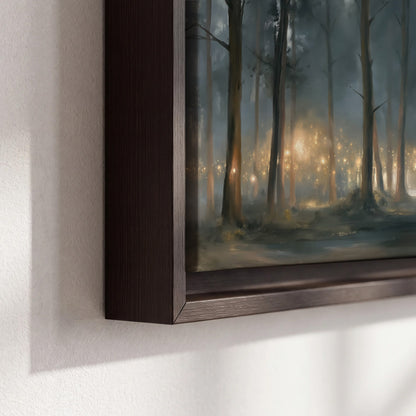 Soft warm light filtering through tall trees in a cool mist-covered forest 3 piece framed canvas wall art material and edge close up