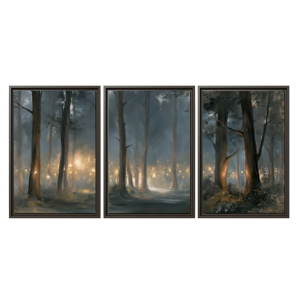 Soft warm light filtering through tall trees in a cool mist-covered forest 3 piece framed canvas wall art viewed straight on