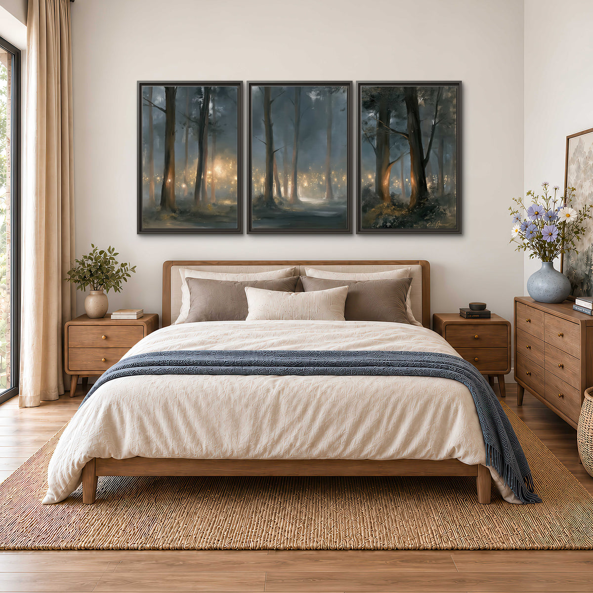 Soft warm light filtering through tall trees in a cool mist-covered forest 3 piece framed canvas wall art styled in an interior