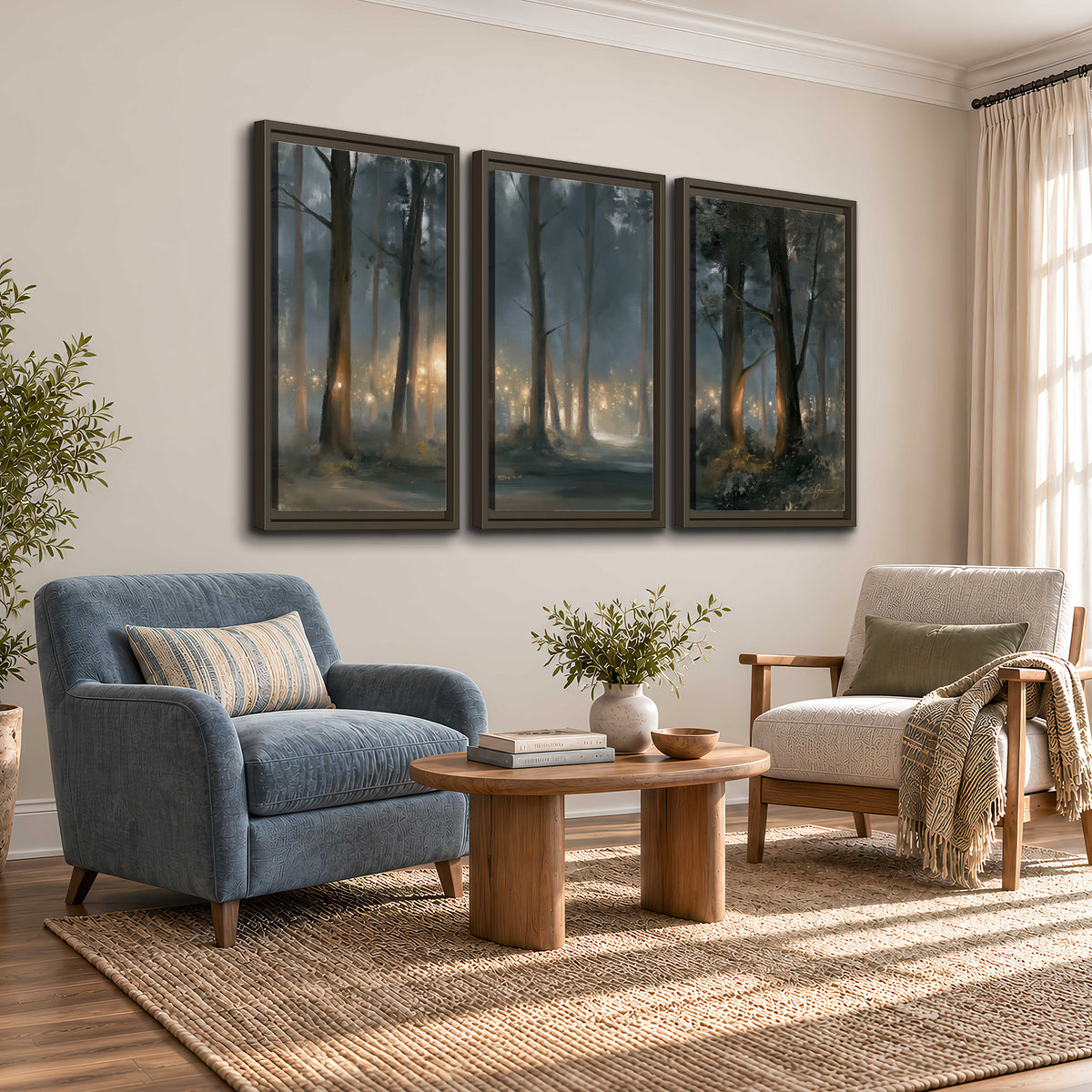 Soft warm light filtering through tall trees in a cool mist-covered forest 3 piece framed canvas wall art styled in an interior