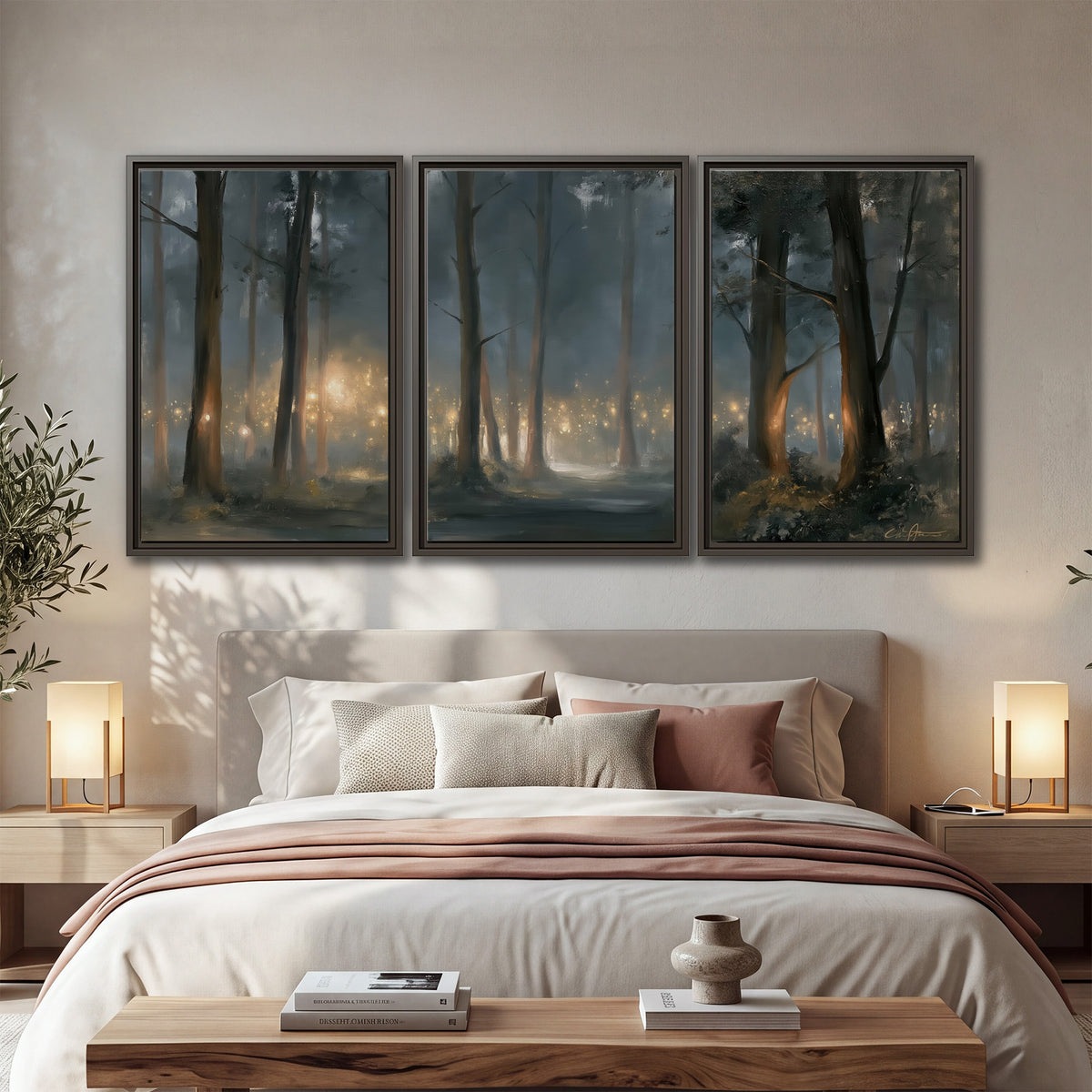 Soft warm light filtering through tall trees in a cool mist-covered forest 3 piece framed canvas wall art displayed in a bedroom