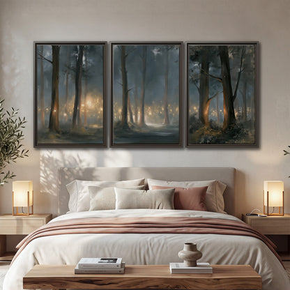 Soft warm light filtering through tall trees in a cool mist-covered forest 3 piece framed canvas wall art displayed in a bedroom