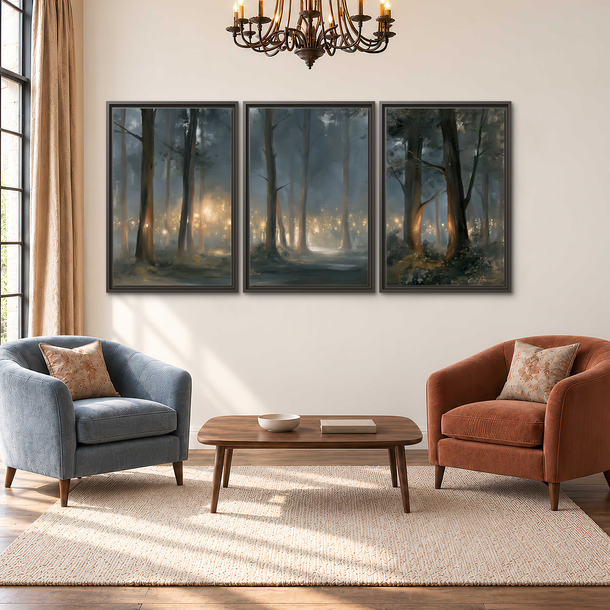 Soft warm light filtering through tall trees in a cool mist-covered forest 3 piece framed canvas wall art styled in an interior
