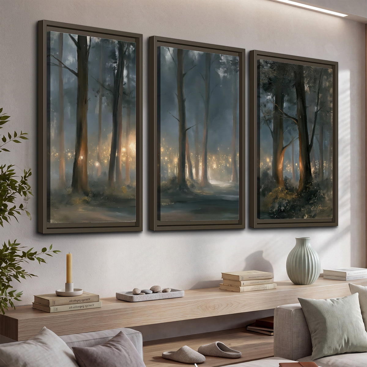 Soft warm light filtering through tall trees in a cool mist-covered forest 3 piece framed canvas wall art displayed in a console