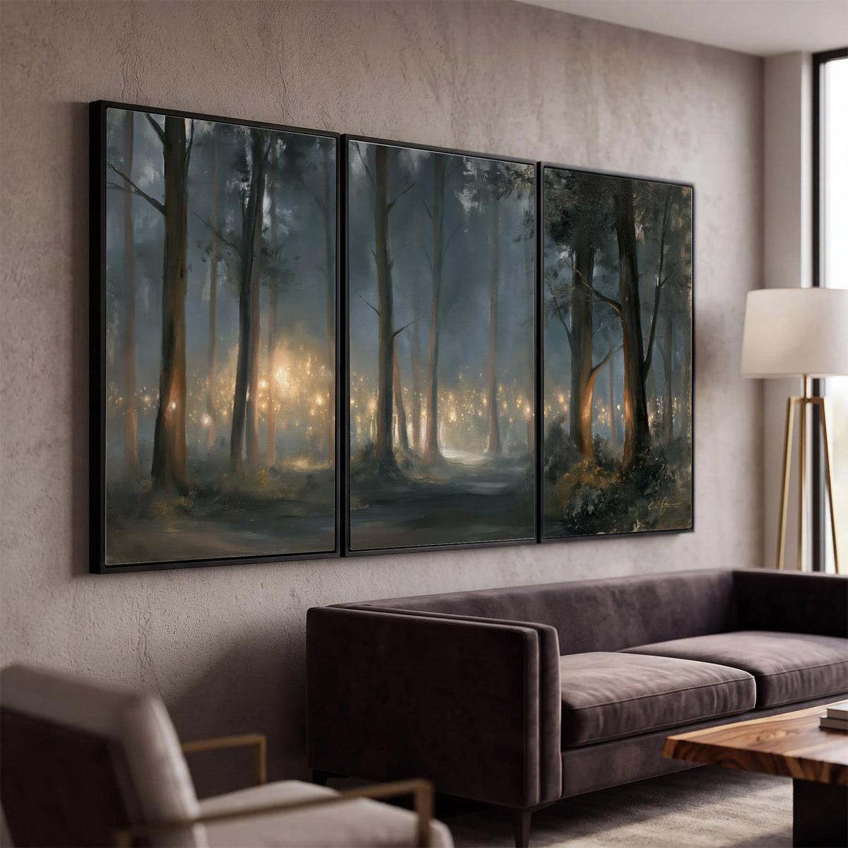 Soft warm light filtering through tall trees in a cool mist-covered forest 3 piece framed canvas wall art displayed in a modern living room