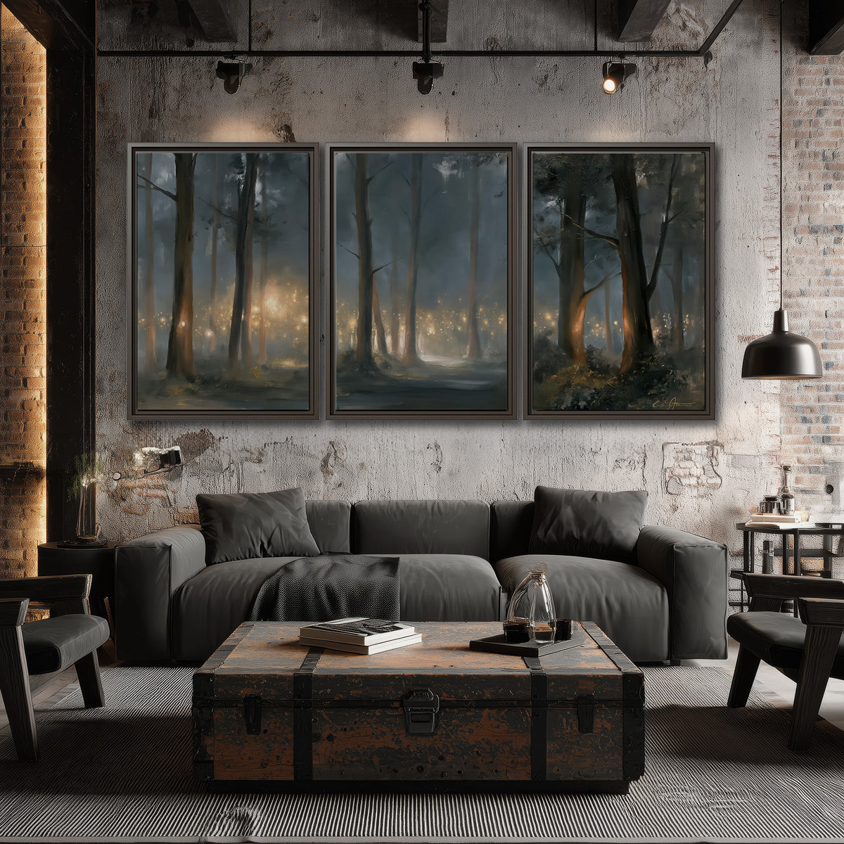 Soft warm light filtering through tall trees in a cool mist-covered forest 3 piece framed canvas wall art displayed in a industrial room