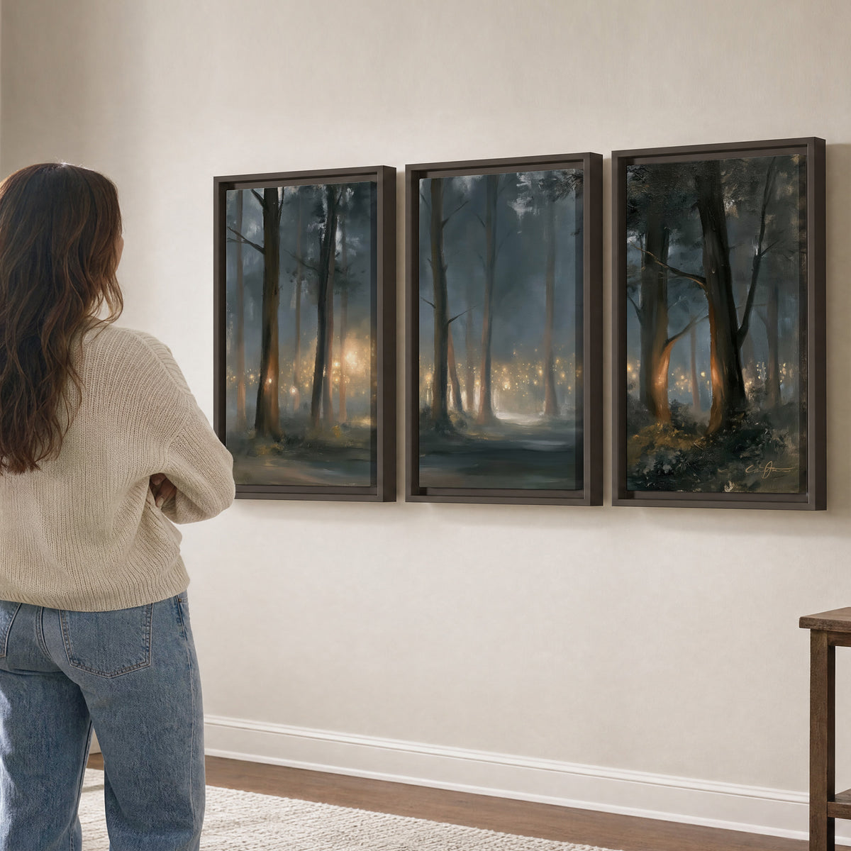 Soft warm light filtering through tall trees in a cool mist-covered forest 3 piece framed canvas wall art three panel arrangement on a wall