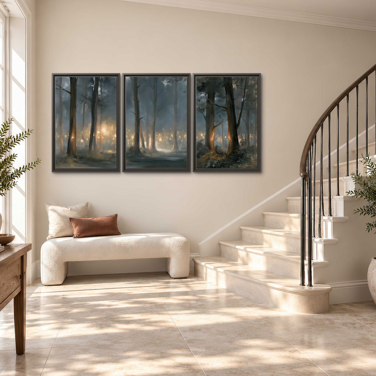 Soft warm light filtering through tall trees in a cool mist-covered forest 3 piece framed canvas wall art styled in an interior