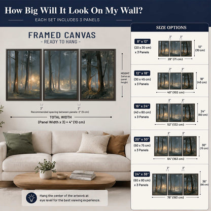 Soft warm light filtering through tall trees in a cool mist-covered forest 3 piece framed canvas wall art size guide above a sofa; room view is illustrative
