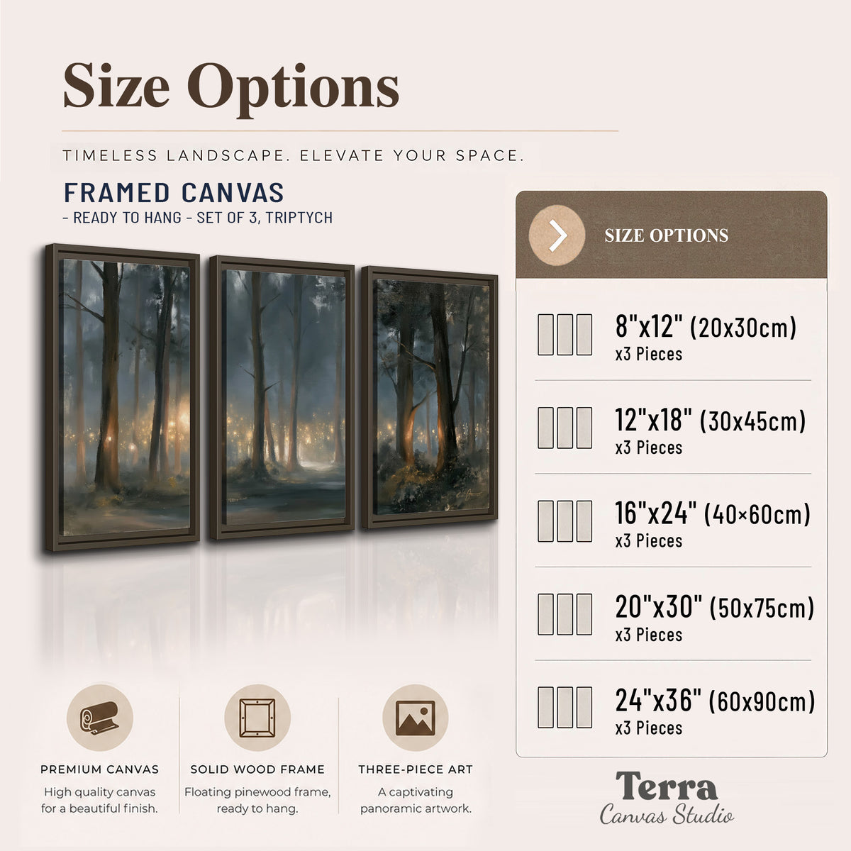 Soft warm light filtering through tall trees in a cool mist-covered forest 3 piece framed canvas wall art available dimensions; triptych dimensions are per panel