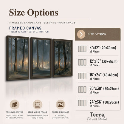 Soft warm light filtering through tall trees in a cool mist-covered forest 3 piece framed canvas wall art available dimensions; triptych dimensions are per panel