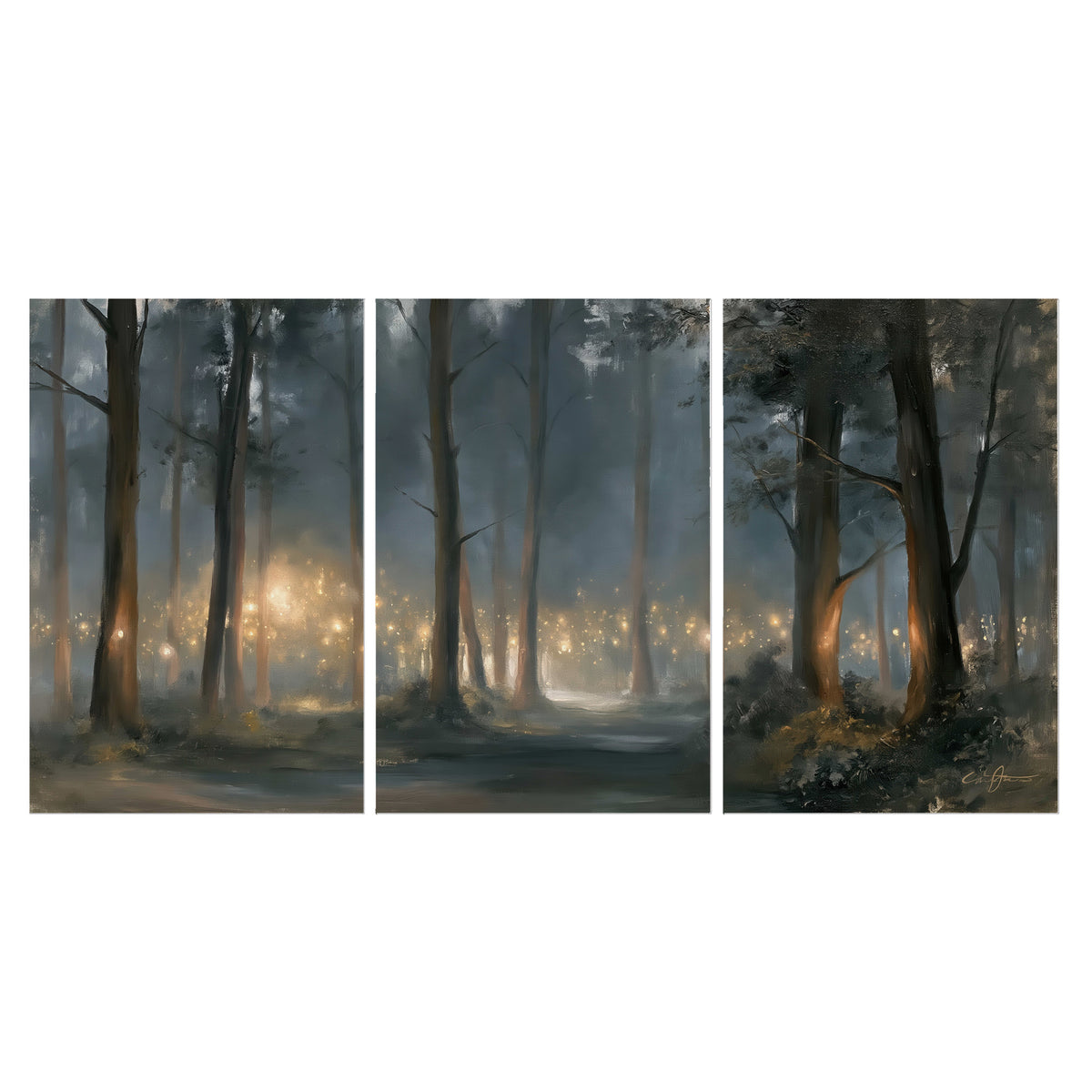 Soft warm light filtering through tall trees in a cool mist-covered forest set of 3 poster prints viewed straight on