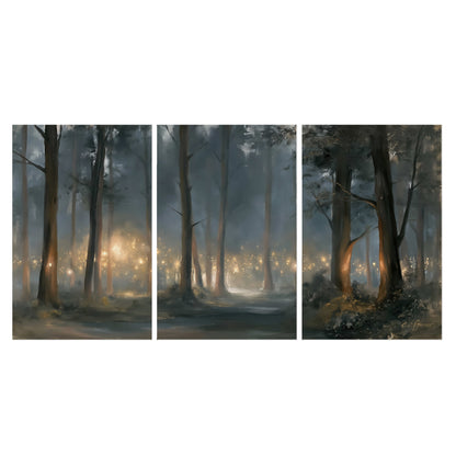 Soft warm light filtering through tall trees in a cool mist-covered forest set of 3 poster prints viewed straight on