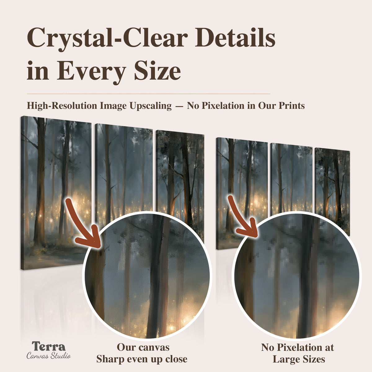 Soft warm light filtering through tall trees in a cool mist-covered forest artwork quality information