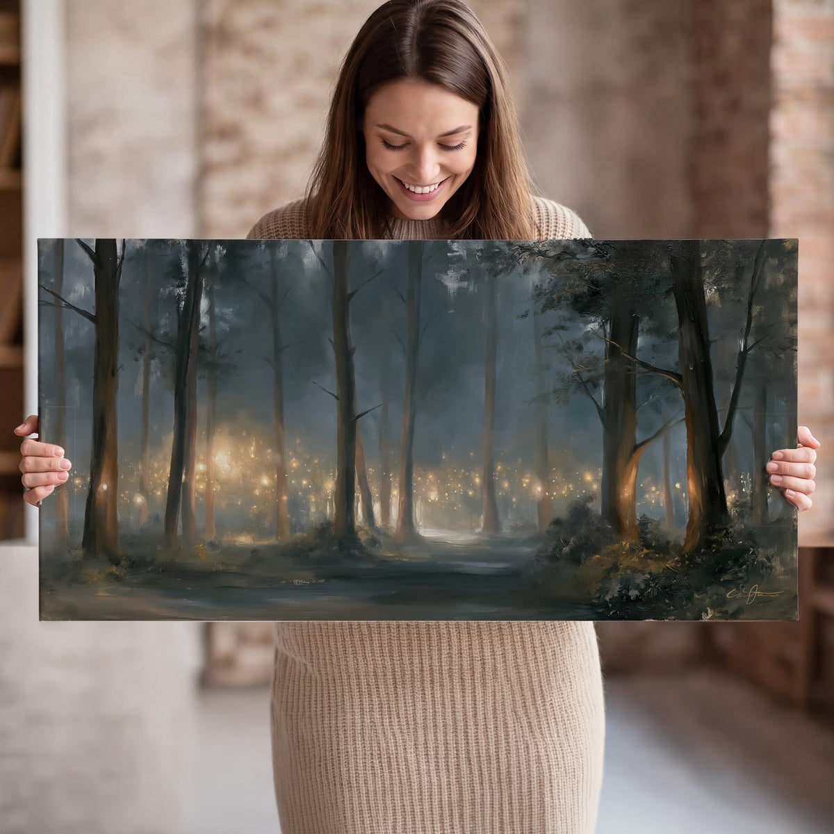 Soft warm light filtering through tall trees in a cool mist-covered forest single canvas wall art held in hands