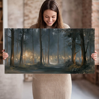 Soft warm light filtering through tall trees in a cool mist-covered forest single canvas wall art held in hands