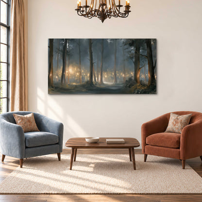 Soft warm light filtering through tall trees in a cool mist-covered forest single canvas wall art styled in an interior