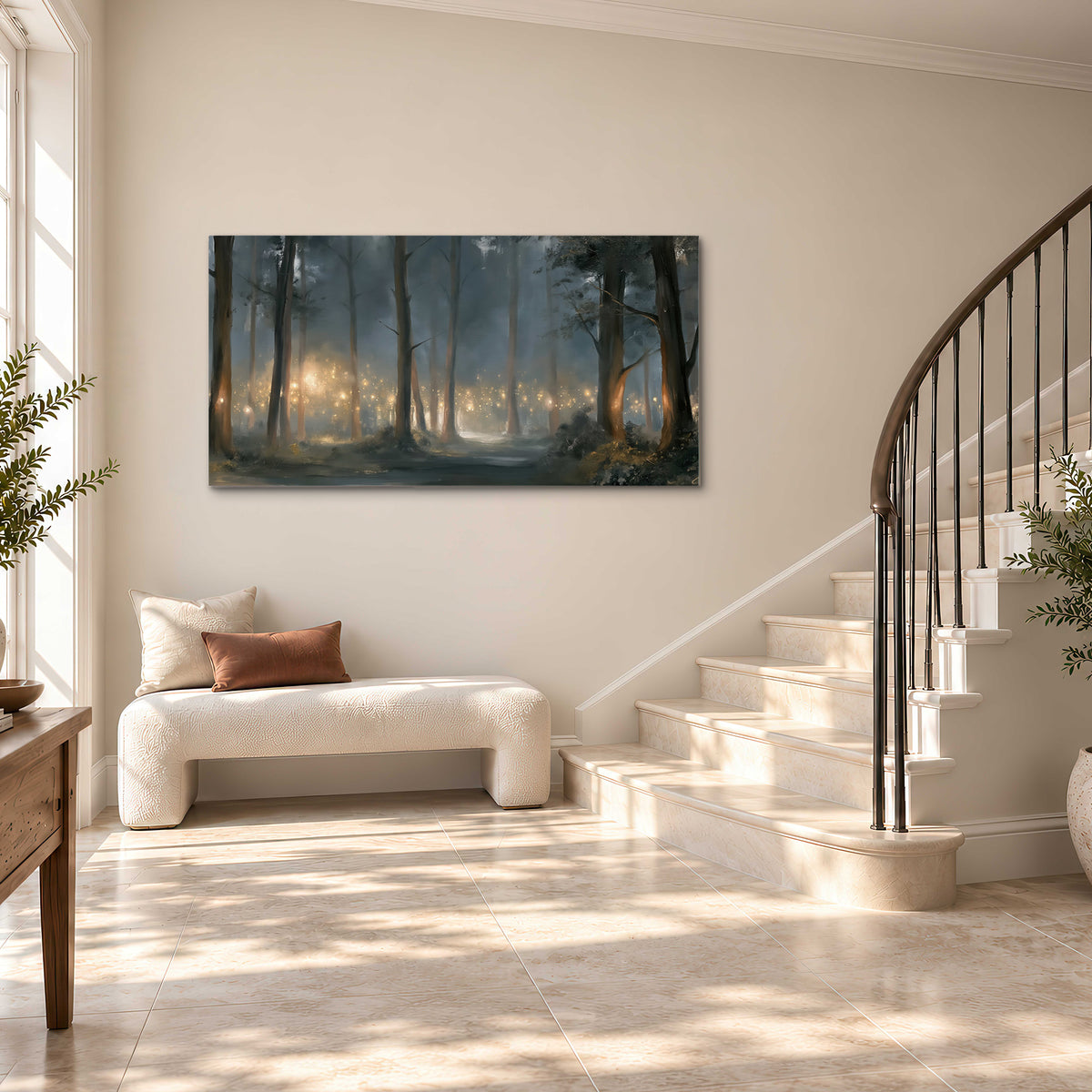 Soft warm light filtering through tall trees in a cool mist-covered forest single canvas wall art styled in an interior