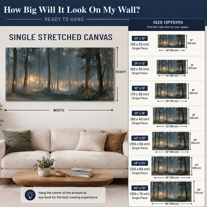 Soft warm light filtering through tall trees in a cool mist-covered forest single canvas wall art size guide above a sofa; room view is illustrative