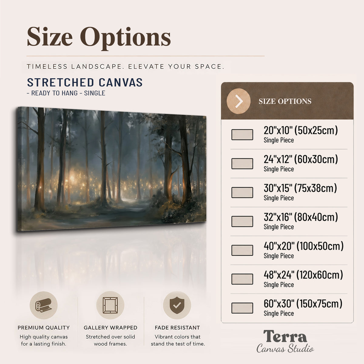 Soft warm light filtering through tall trees in a cool mist-covered forest single canvas wall art available dimensions
