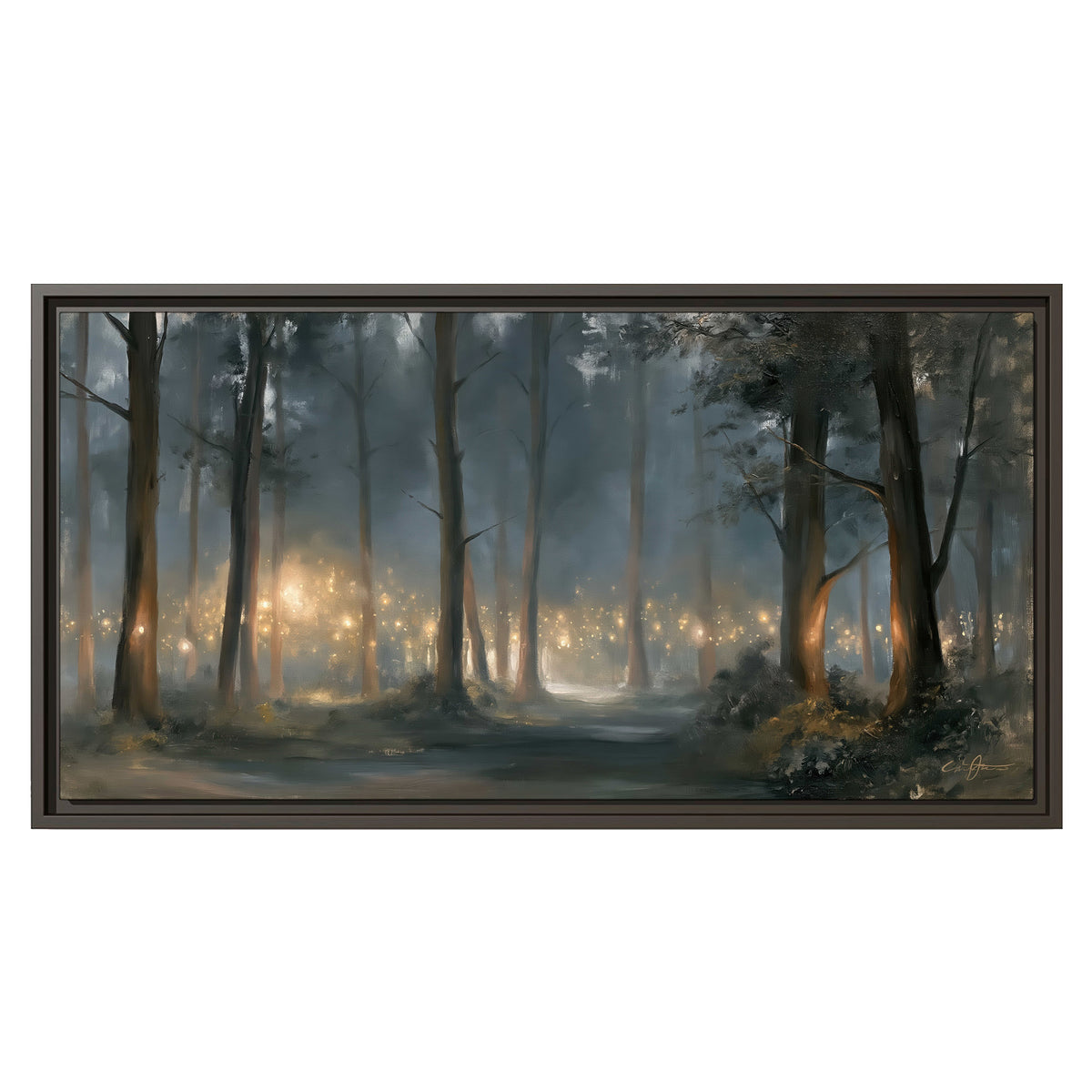 Soft warm light filtering through tall trees in a cool mist-covered forest single framed canvas wall art viewed straight on