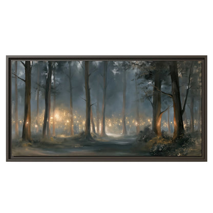 Soft warm light filtering through tall trees in a cool mist-covered forest single framed canvas wall art viewed straight on