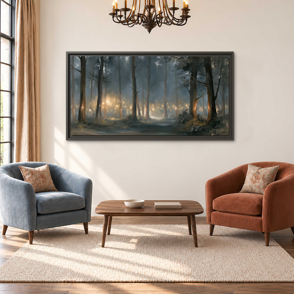 Soft warm light filtering through tall trees in a cool mist-covered forest single framed canvas wall art styled in an interior